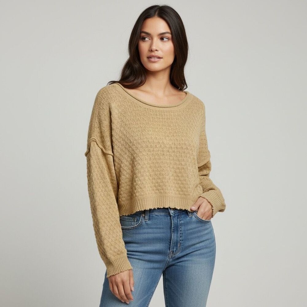 Altar’d State Oversized Cropped Knit Sweater Small Tan‎ Textured